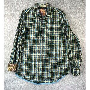 Robert Graham Shirt Men XL Blue Green Floral Plaid Embroidered Flip Cuff Animals